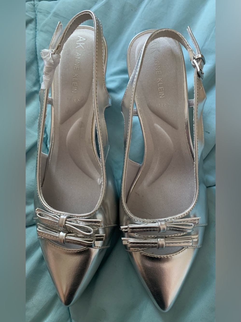 Anne Klein Metallic Silver Slingback Pointed-Toe Pumps with Bows
